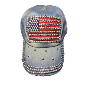 Patriotic American Flag Rhinestone Denim Baseball Cap Distressed Blue Cotton Hat